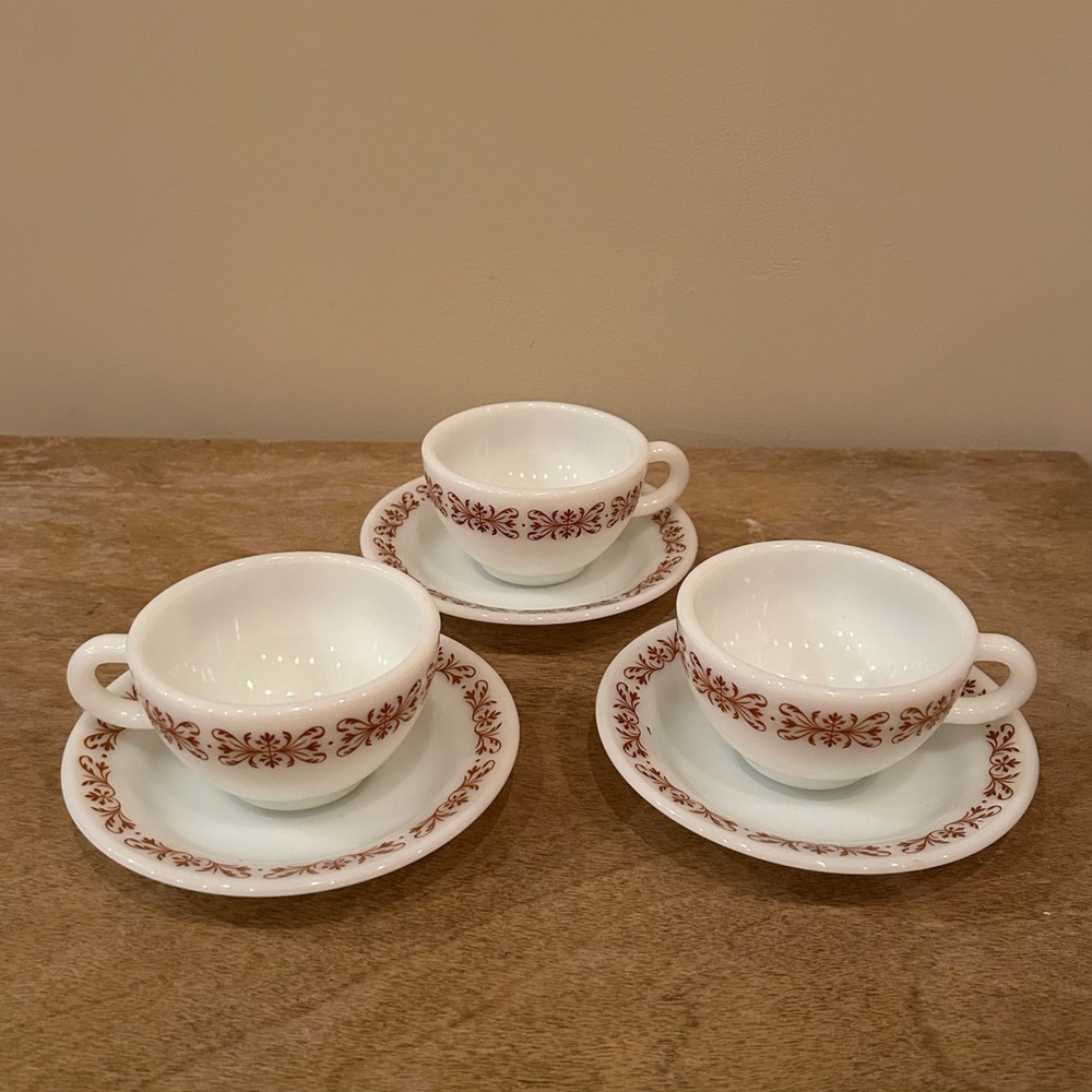 Pyrex tableware copper filigree cup and saucer set of 3 milk glass vintage